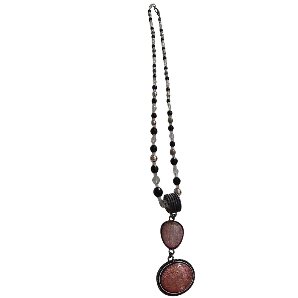 Bohoβ Pink Double Pendant Beaded Necklace Black Clear Gold Tone Long Strand 17in